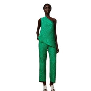Rosie Assoulin Textured Twill Pants Women's Size 2 Green Straight Leg High Rise